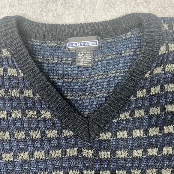 Vintage Jantzen Sweater Mens XXL V Neck Acrylic Pullover Blue Checkered Grandpa - Picture 4 of 10